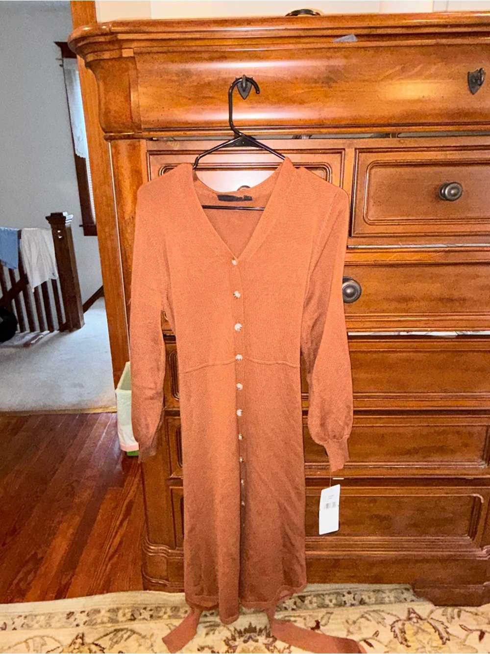 NWTNina Leonard Chestnut Brown Button Front Sweater Knit Midi Dress w/ Tie Belt - Picture 2 of 9
